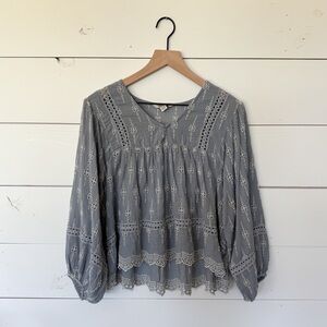 Blue Boho Embroidered Eyelet Women's Top